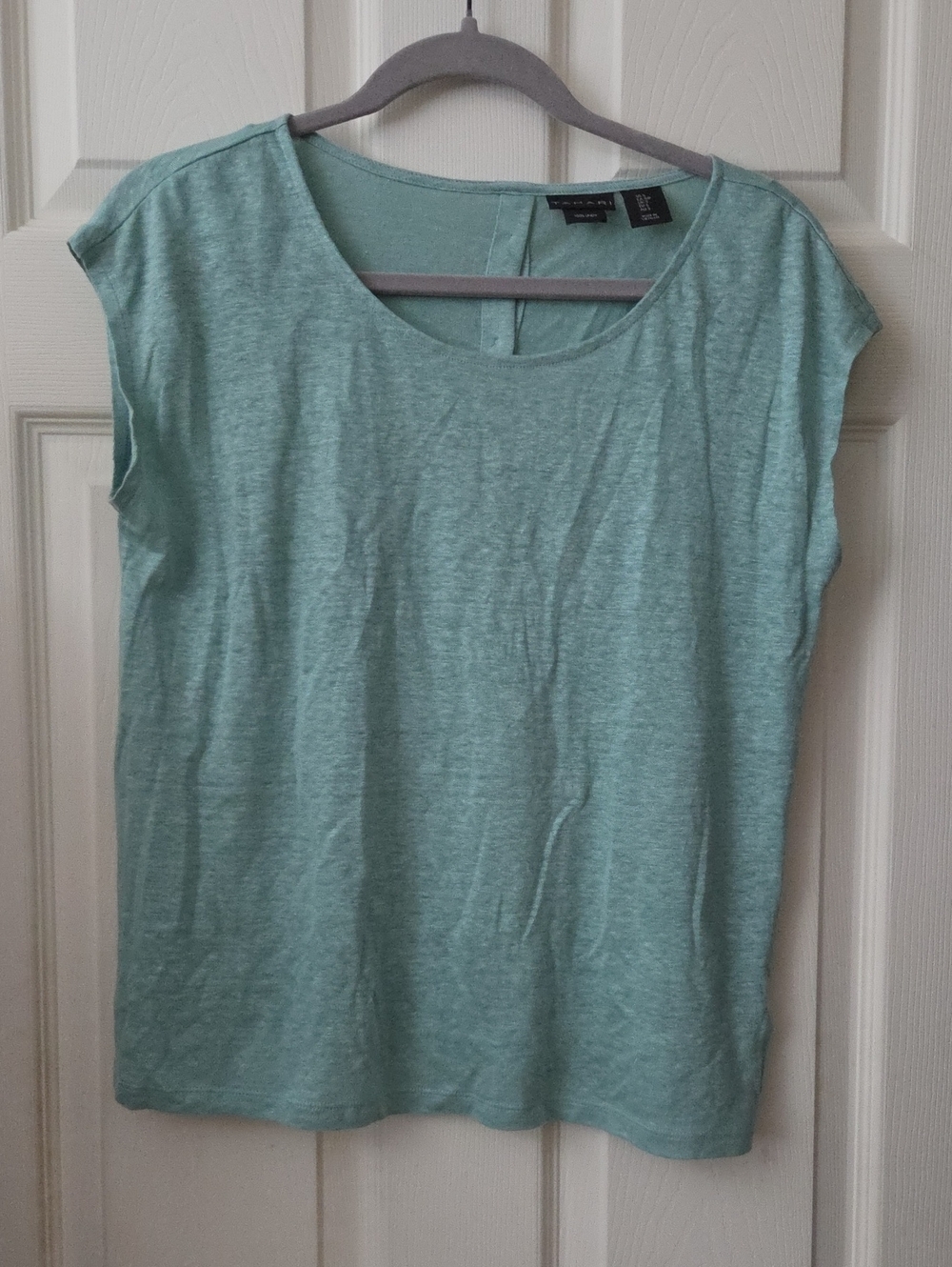 Tahari Sea Foam Green Cap Sleeve Top, 100% Linen, Small